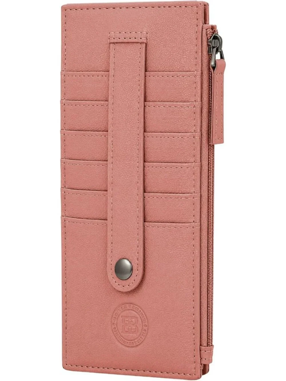 Slim Leather Card Case Holder Wallet with Protection Strap - Peach Color